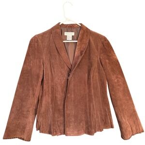 Brown Suede Leather Jacket Newport News Vintage Women 12 Whipstitch Pleated Coat